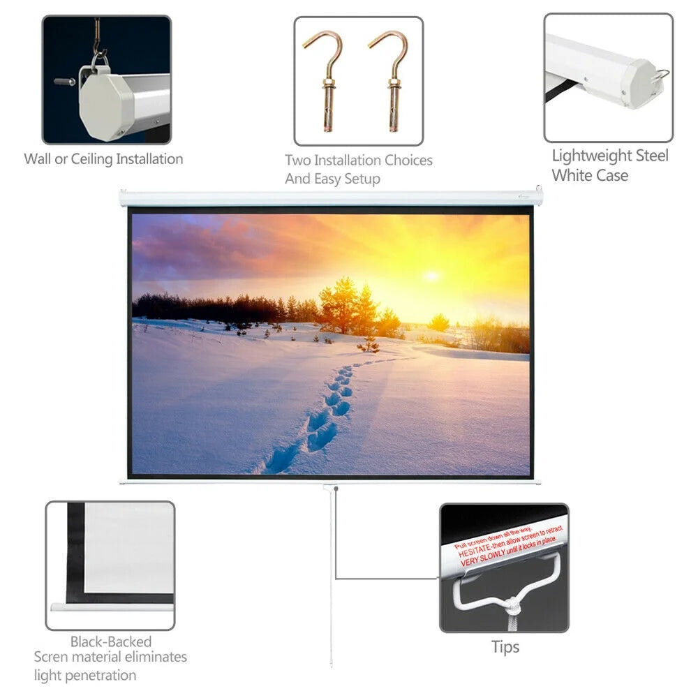 100" Home Movie Manual Projection Screen Pull down Projector White